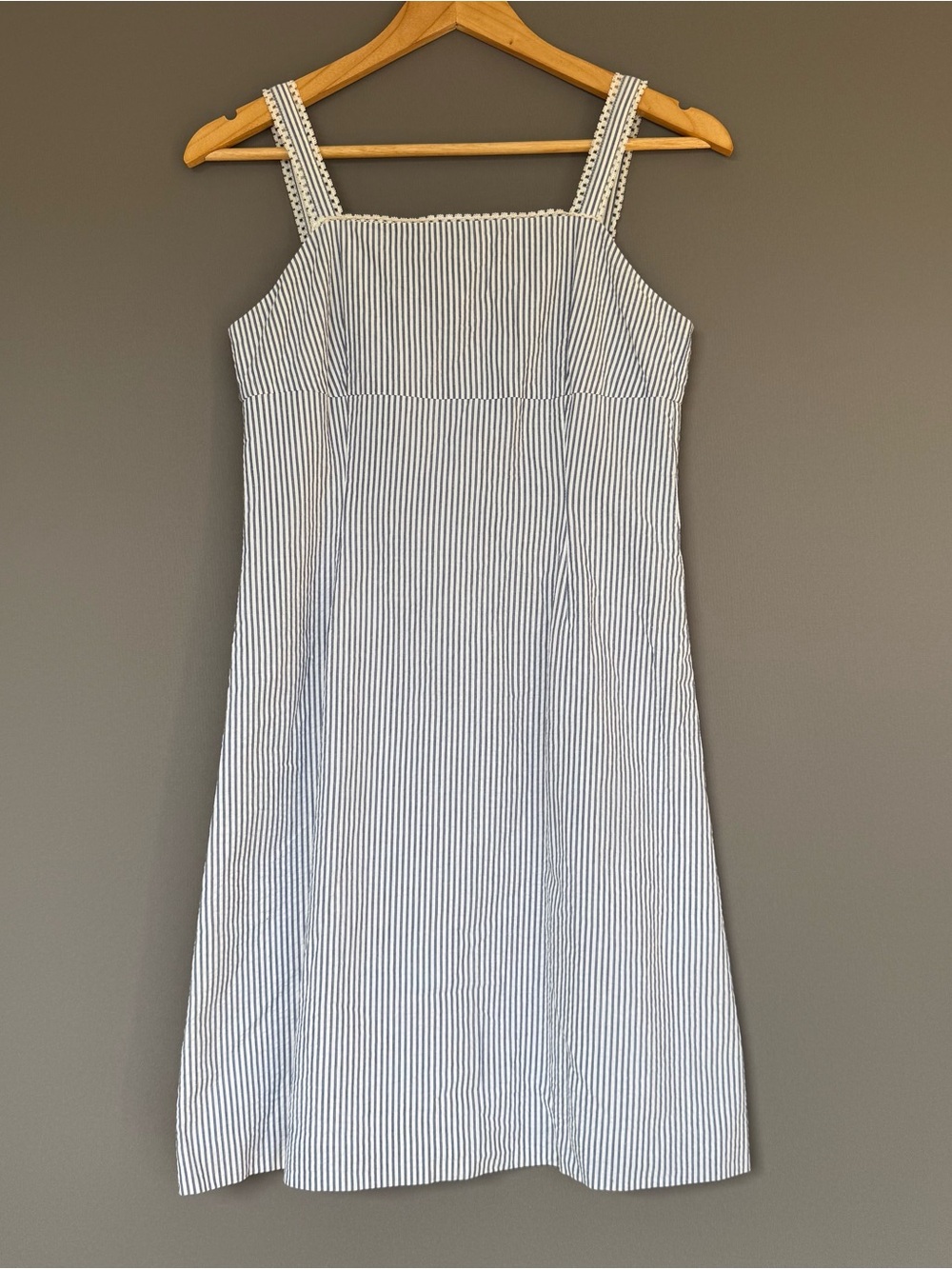Vtg Y2K Petite Sophisticate Seersucker Lace Trim Sundress Blue White 4P Coastal